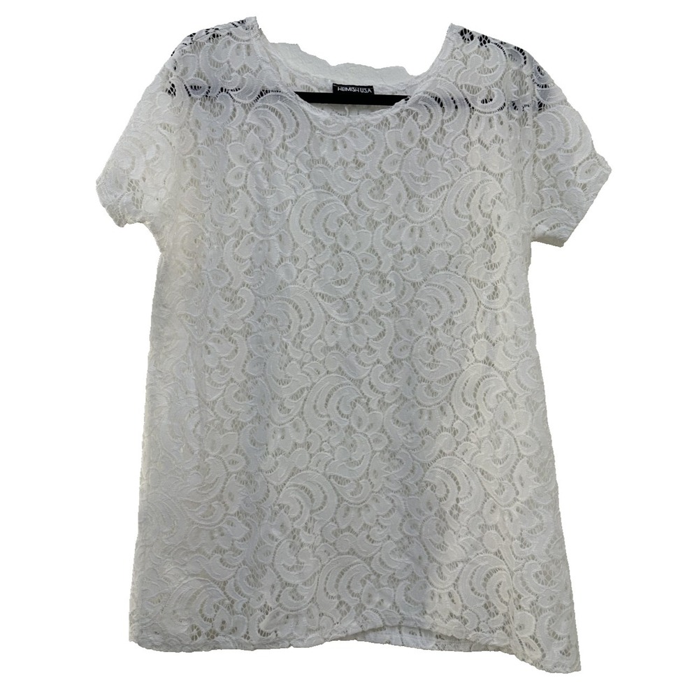 Womans Cottagecore Sheer Lace Overlay Top Size XL Short Sleeve White‎ Classic